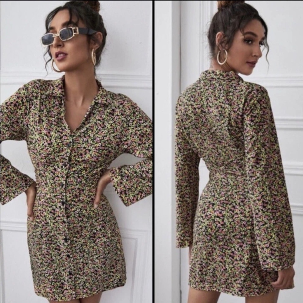 Zara Floral Ditsy Shirt Mini Dress size L long sleeve